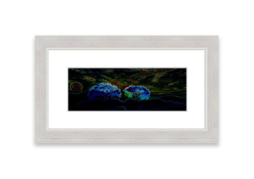 Abstract Neon Landscape 02 framed print featuring vibrant neon colors, handmade in the UK, ready to hang.