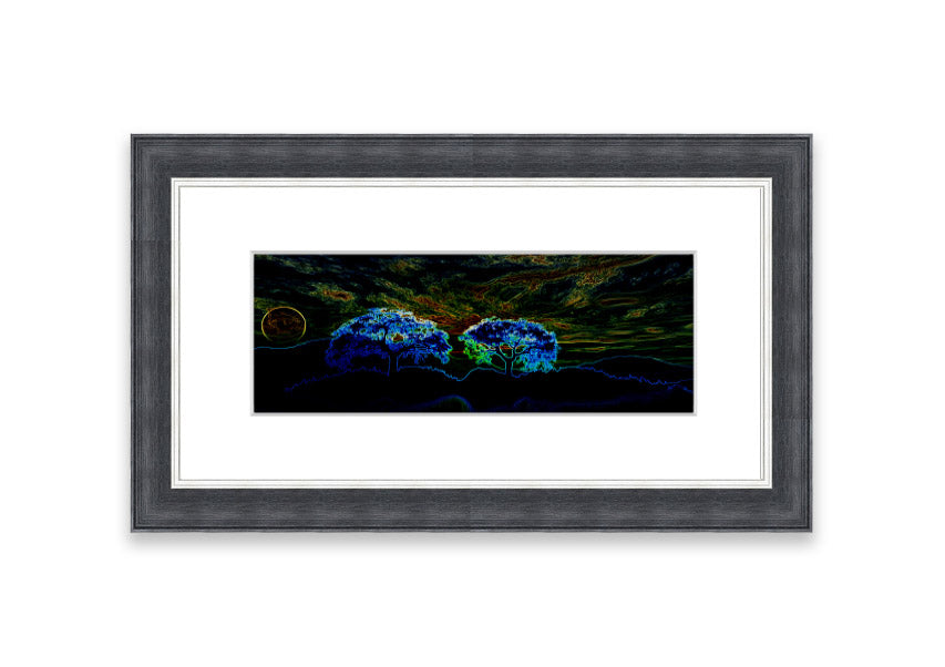 Abstract Neon Landscape 02 framed print featuring vibrant neon colors, handmade in the UK, ready to hang.