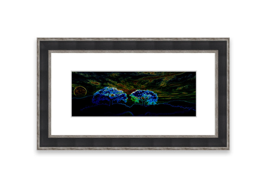 Abstract Neon Landscape 02 framed print featuring vibrant neon colors, handmade in the UK, ready to hang.