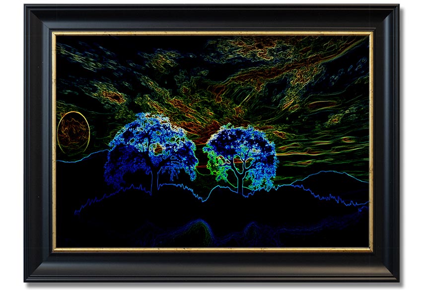 Abstract Neon Landscape 02 framed print showcasing vibrant neon colors in an abstract design, available in multiple frame colors.