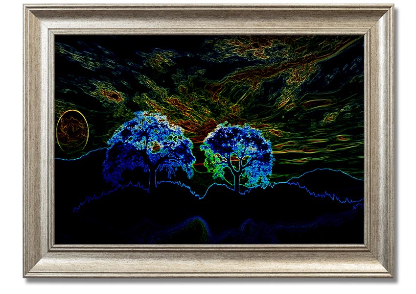 Abstract Neon Landscape 02 framed print showcasing vibrant neon colors in an abstract design, available in multiple frame colors.