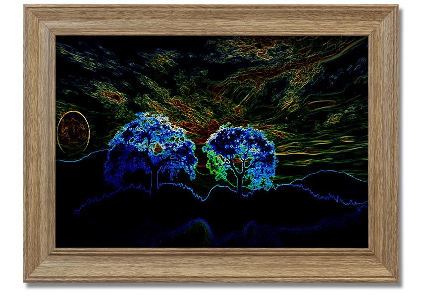 Abstract Neon Landscape 02 framed print showcasing vibrant neon colors in an abstract design, available in multiple frame colors.