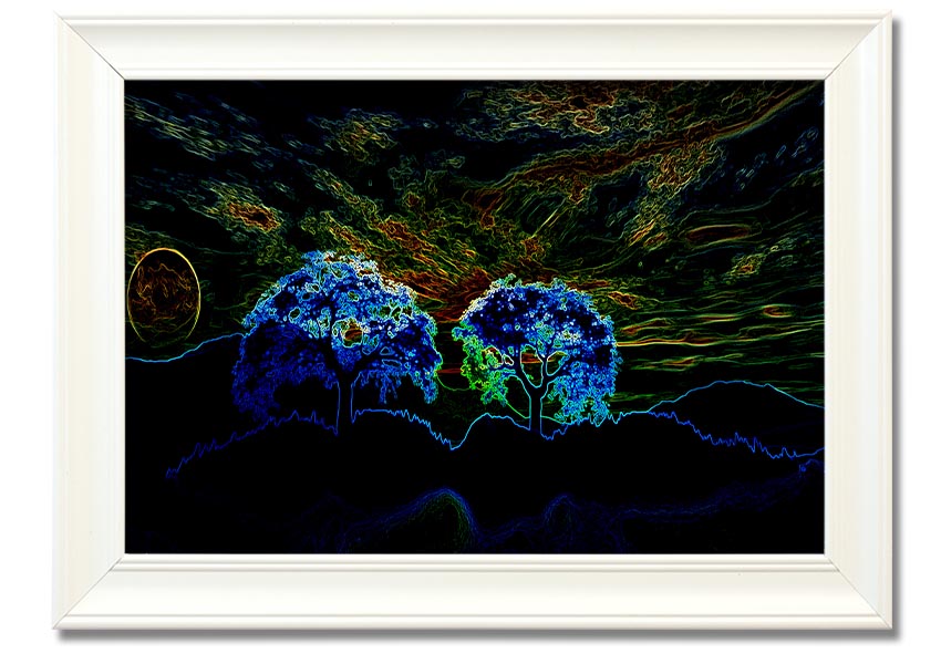 Abstract Neon Landscape 02 framed print showcasing vibrant neon colors in an abstract design, available in multiple frame colors.