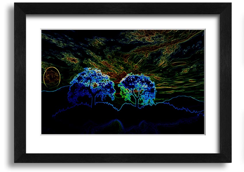 Abstract Neon Landscape 02 framed print showcasing vibrant neon colors in an abstract design, available in multiple frame colors.