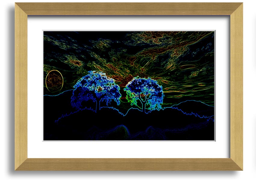 Abstract Neon Landscape 02 framed print showcasing vibrant neon colors in an abstract design, available in multiple frame colors.