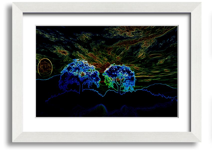 Abstract Neon Landscape 02 framed print showcasing vibrant neon colors in an abstract design, available in multiple frame colors.