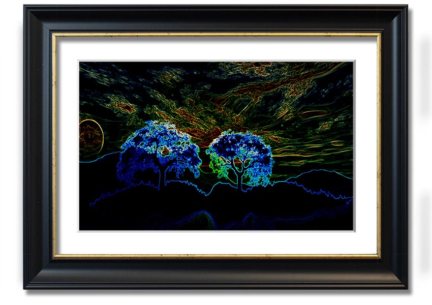 Abstract Neon Landscape 02 framed print showcasing vibrant neon colors in an abstract design, available in multiple frame colors.