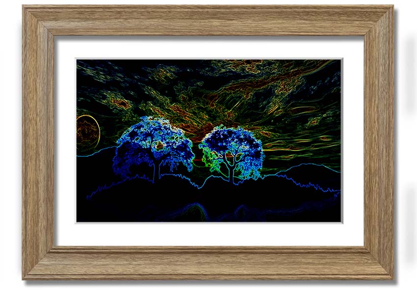 Abstract Neon Landscape 02 framed print showcasing vibrant neon colors in an abstract design, available in multiple frame colors.