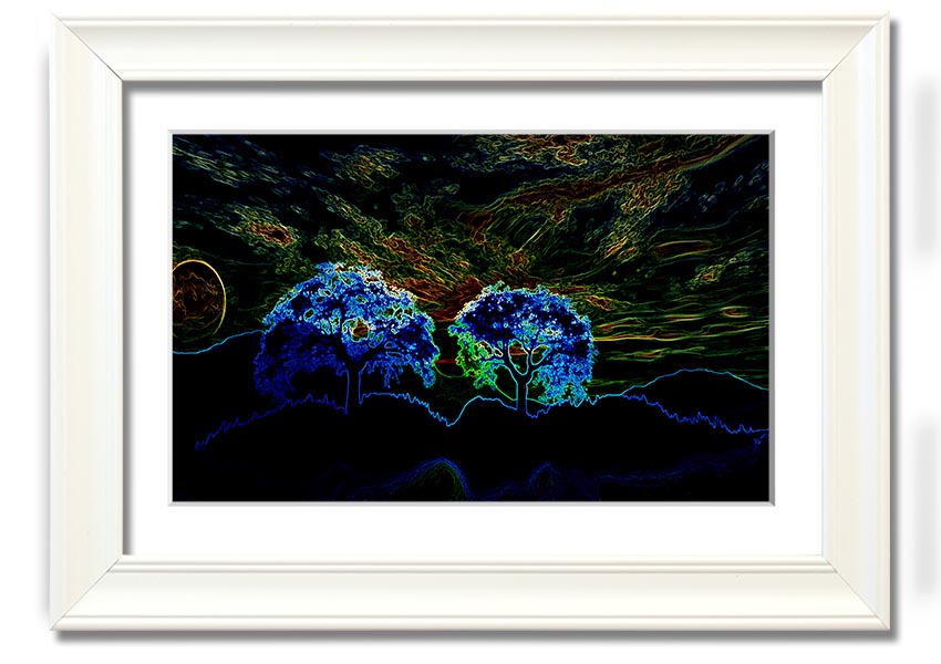 Abstract Neon Landscape 02 framed print showcasing vibrant neon colors in an abstract design, available in multiple frame colors.