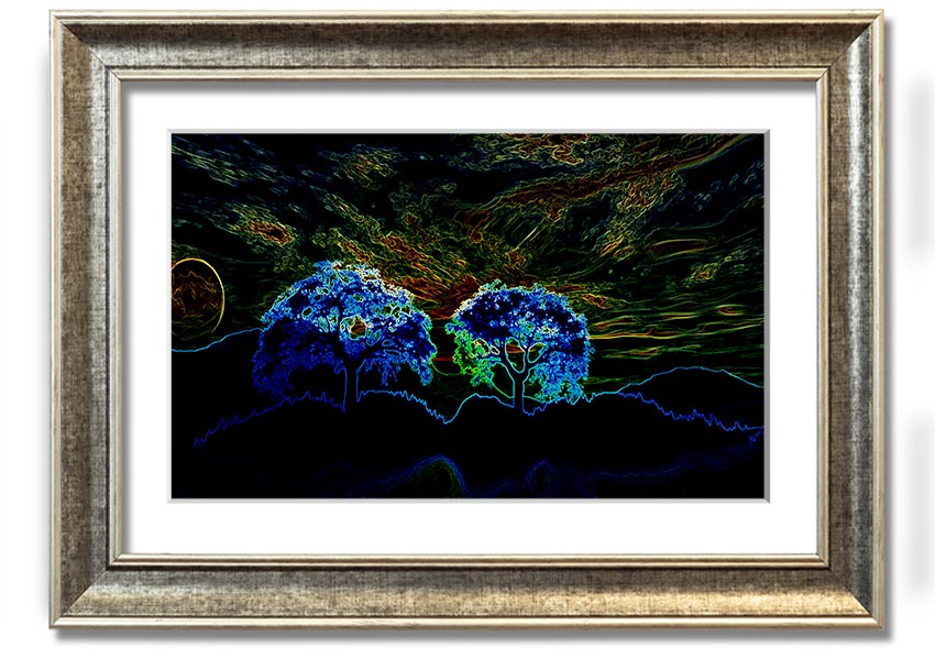 Abstract Neon Landscape 02 framed print showcasing vibrant neon colors in an abstract design, available in multiple frame colors.