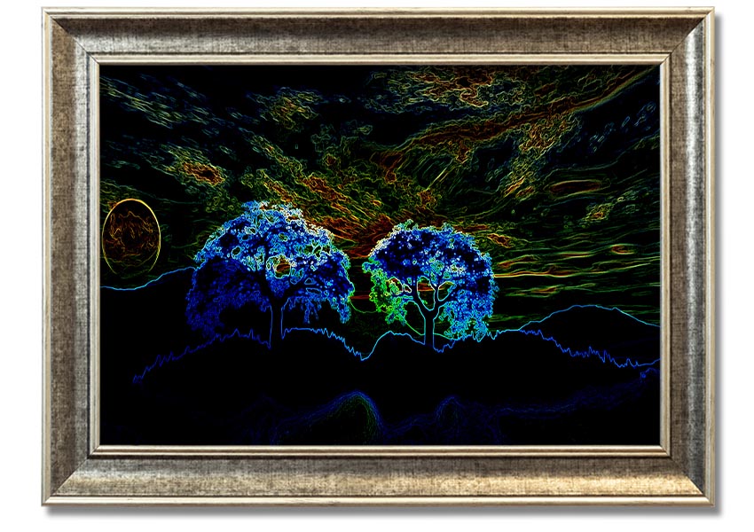 Abstract Neon Landscape 02 framed print showcasing vibrant neon colors in an abstract design, available in multiple frame colors.