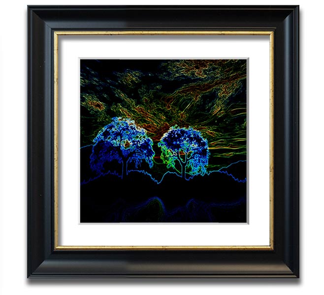 Abstract Neon Landscape 02 square framed print featuring vibrant neon colors, handmade in the UK, ready to hang.