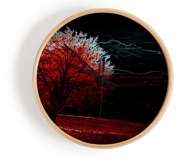 Abstract Neon Landscape 04 clock featuring a vibrant design on a natural bamboo frame, perfect for modern home decor.