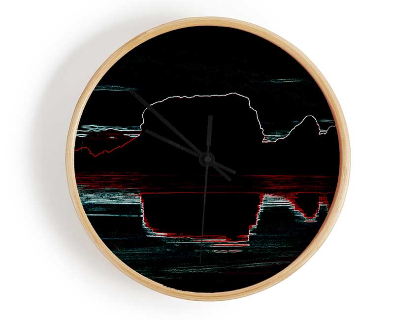 Abstract Neon Landscape 06 clock featuring a vibrant design on a natural bamboo frame with a clear Plexiglas lens.