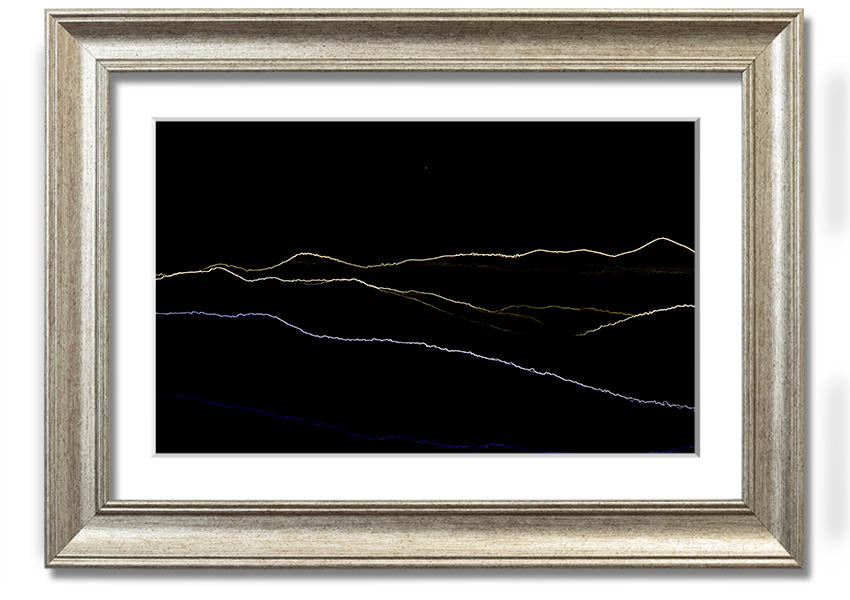 A vibrant framed print of Abstract Neon Landscape 11 featuring colorful neon hues in an abstract design, ready to hang.