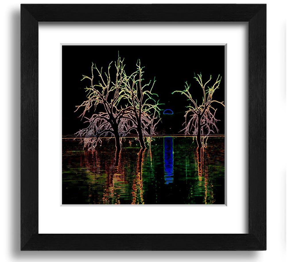 Abstract Neon Landscape 15 square framed print with vibrant colors, ready to hang.