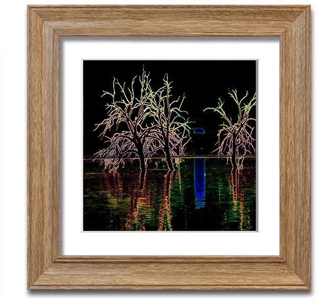 Abstract Neon Landscape 15 square framed print with vibrant colors, ready to hang.