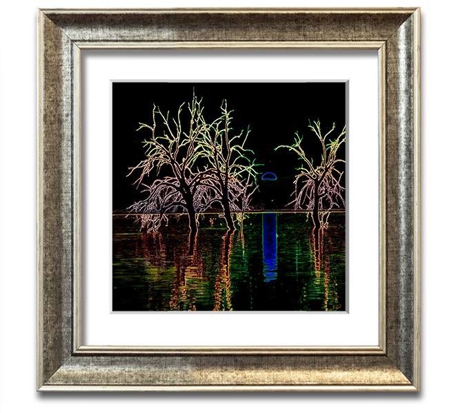 Abstract Neon Landscape 15 square framed print with vibrant colors, ready to hang.