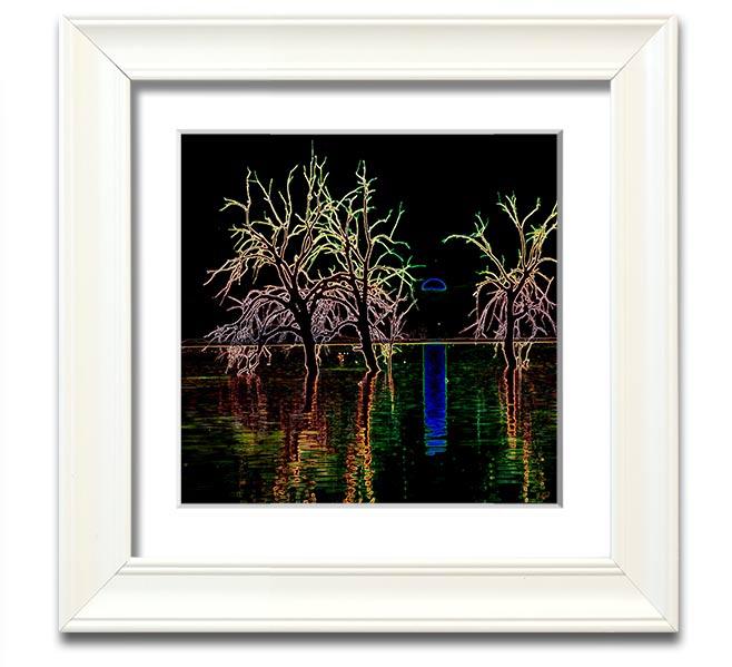 Abstract Neon Landscape 15 square framed print with vibrant colors, ready to hang.