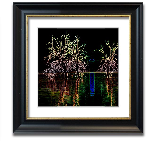 Abstract Neon Landscape 15 square framed print with vibrant colors, ready to hang.