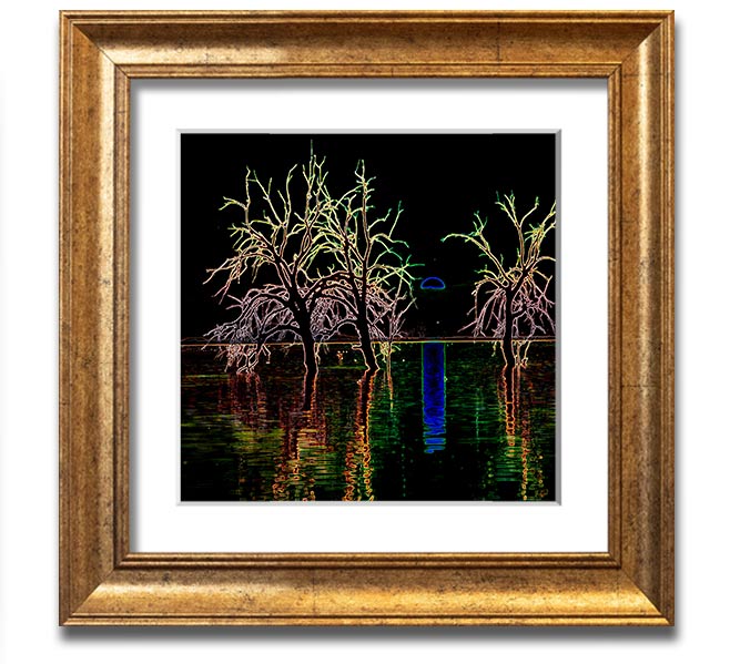 Abstract Neon Landscape 15 square framed print with vibrant colors, ready to hang.