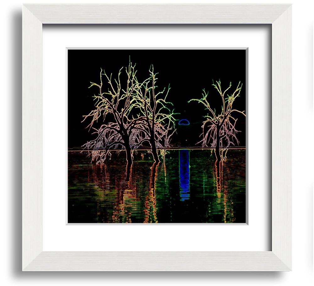 Abstract Neon Landscape 15 square framed print with vibrant colors, ready to hang.