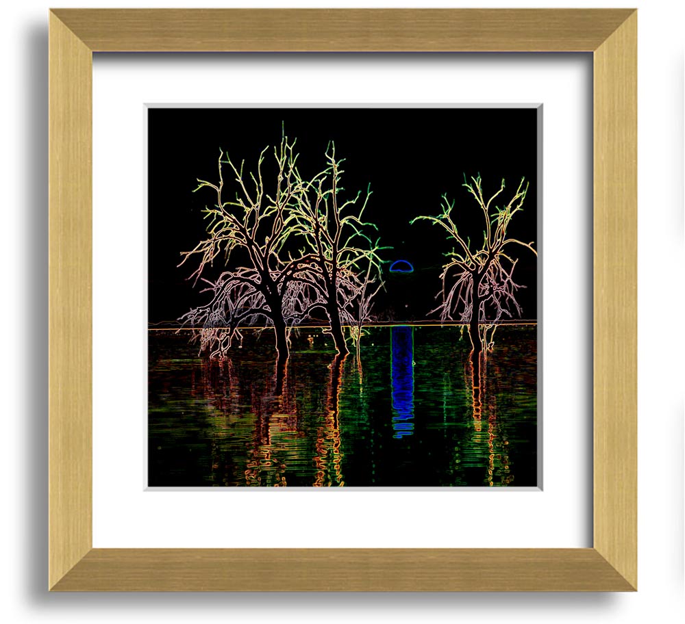 Abstract Neon Landscape 15 square framed print with vibrant colors, ready to hang.