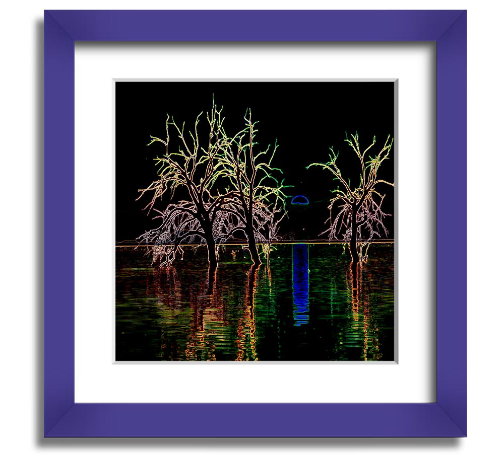 Abstract Neon Landscape 15 square framed print with vibrant colors, ready to hang.