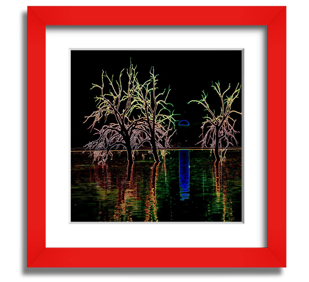 Abstract Neon Landscape 15 square framed print with vibrant colors, ready to hang.