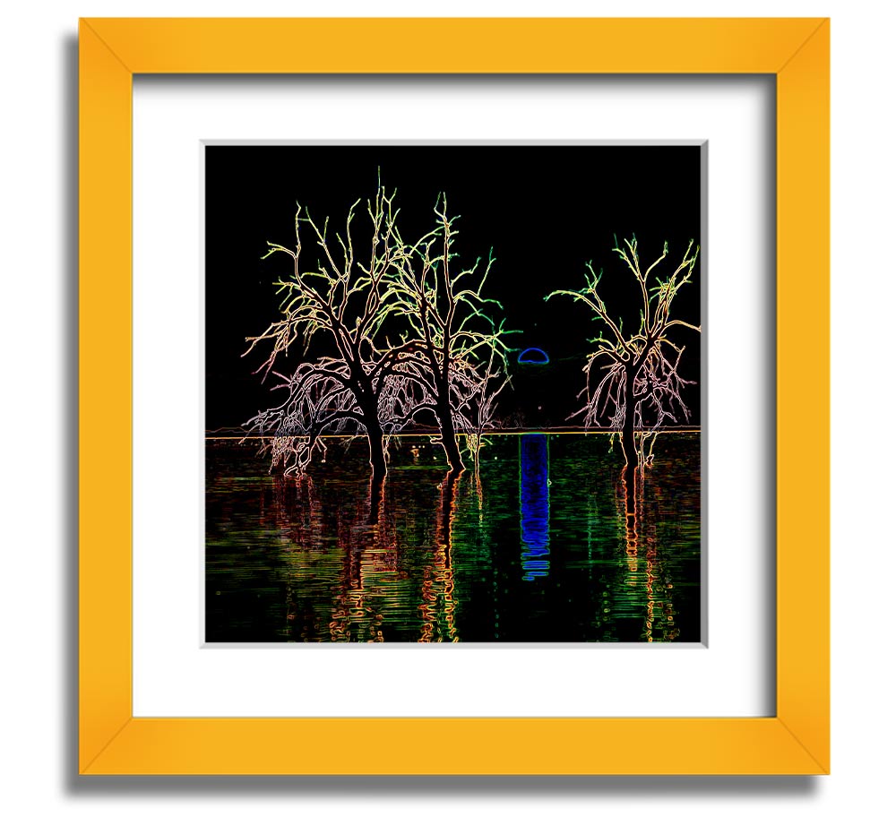 Abstract Neon Landscape 15 square framed print with vibrant colors, ready to hang.