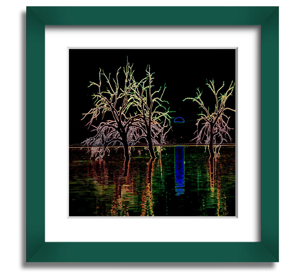 Abstract Neon Landscape 15 square framed print with vibrant colors, ready to hang.