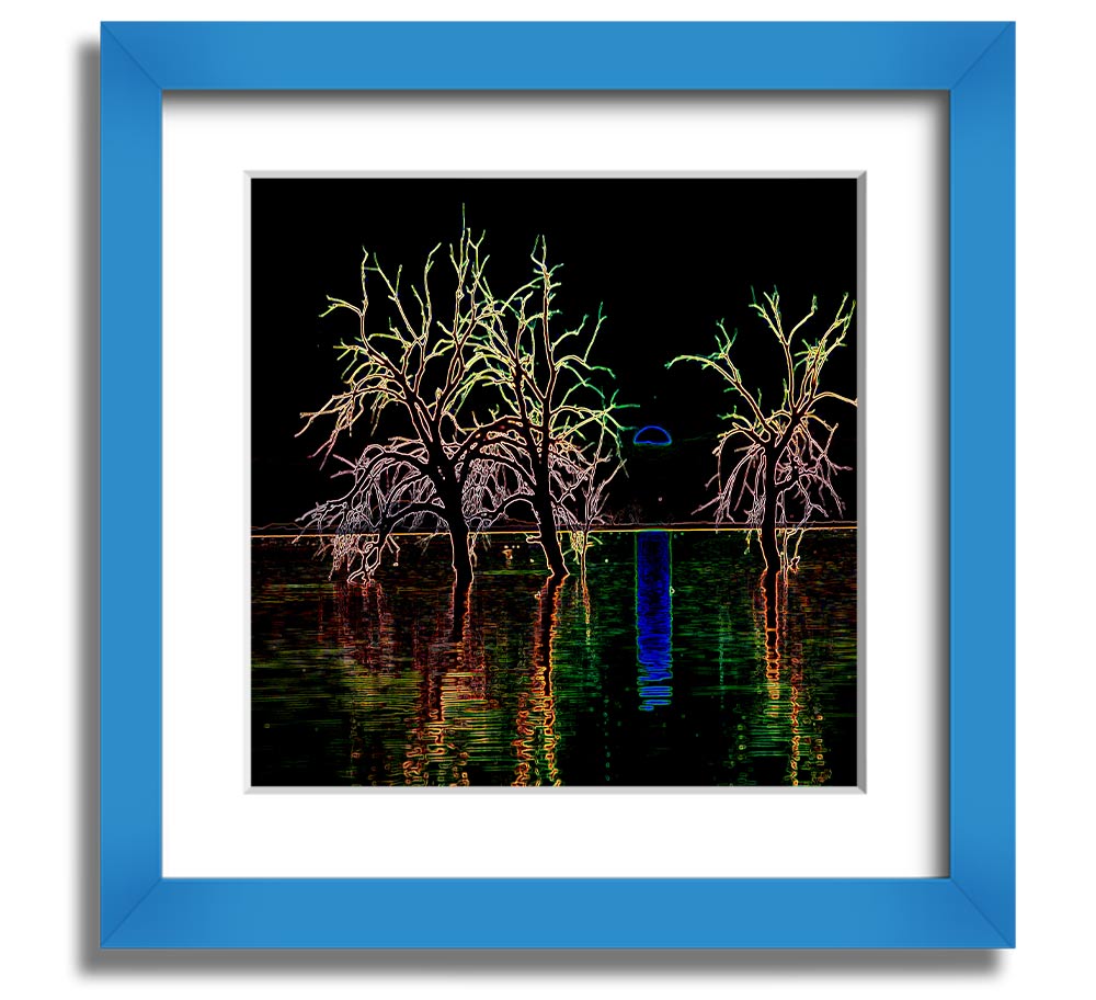 Abstract Neon Landscape 15 square framed print with vibrant colors, ready to hang.