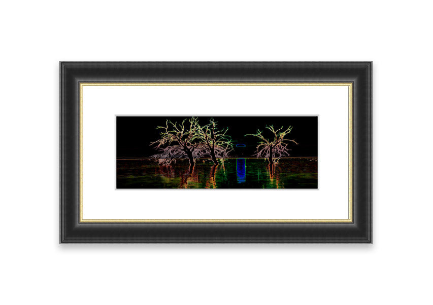 Framed print of Abstract Neon Landscape 15 featuring vibrant neon colors, ready to hang, handmade in the UK.