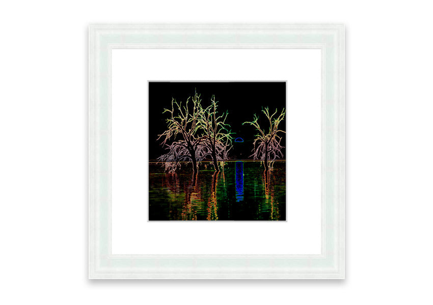 Framed print of Abstract Neon Landscape 15 featuring vibrant neon colors, ready to hang, handmade in the UK.