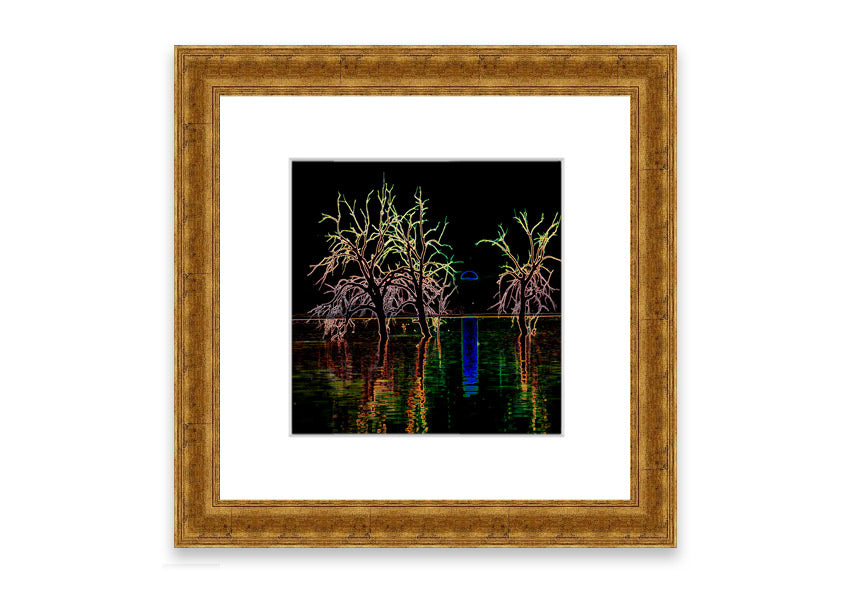 Framed print of Abstract Neon Landscape 15 featuring vibrant neon colors, ready to hang, handmade in the UK.