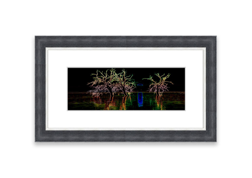 Framed print of Abstract Neon Landscape 15 featuring vibrant neon colors, ready to hang, handmade in the UK.