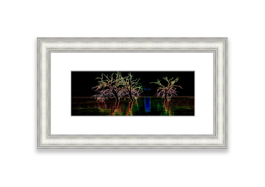 Framed print of Abstract Neon Landscape 15 featuring vibrant neon colors, ready to hang, handmade in the UK.