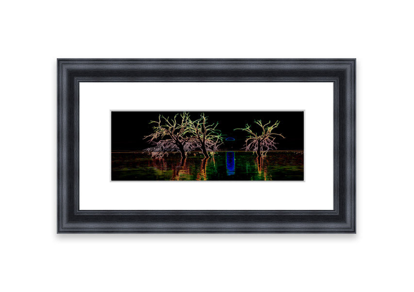 Framed print of Abstract Neon Landscape 15 featuring vibrant neon colors, ready to hang, handmade in the UK.