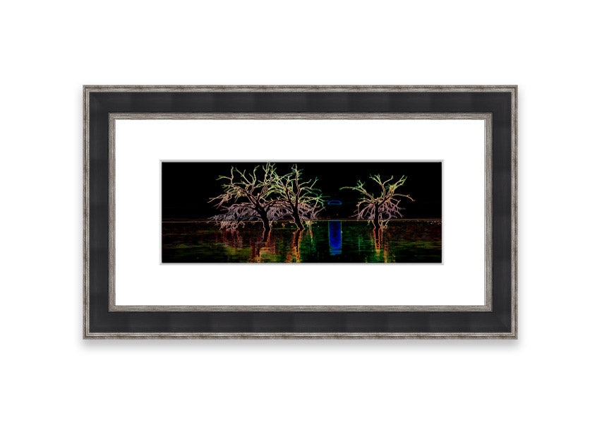 Framed print of Abstract Neon Landscape 15 featuring vibrant neon colors, ready to hang, handmade in the UK.