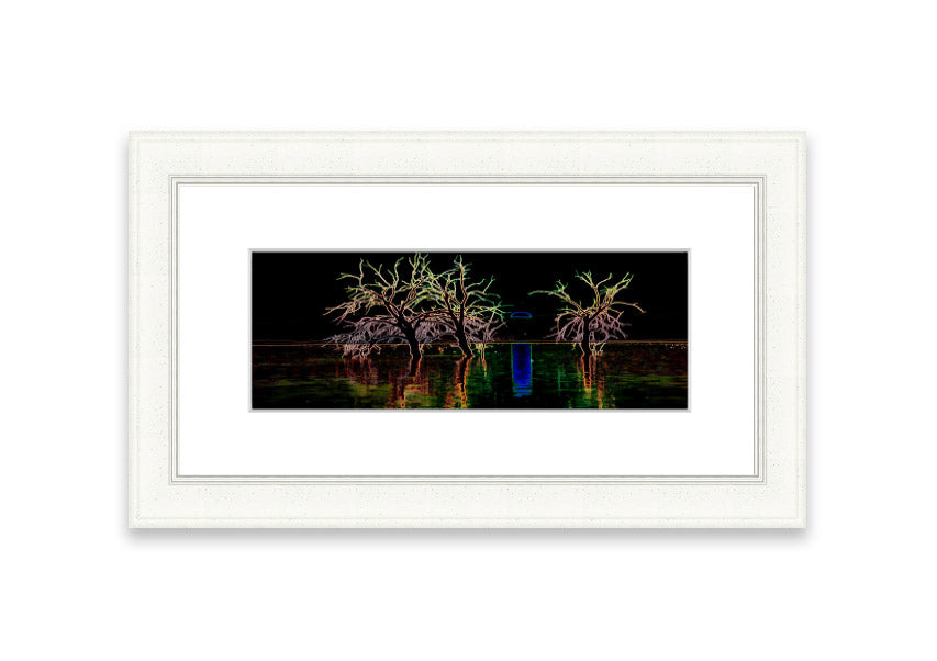 Framed print of Abstract Neon Landscape 15 featuring vibrant neon colors, ready to hang, handmade in the UK.