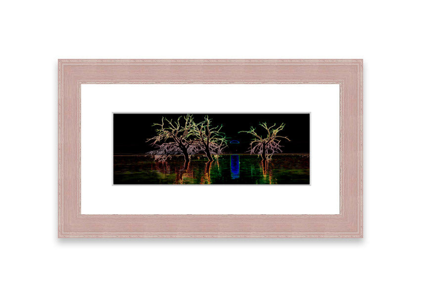 Framed print of Abstract Neon Landscape 15 featuring vibrant neon colors, ready to hang, handmade in the UK.