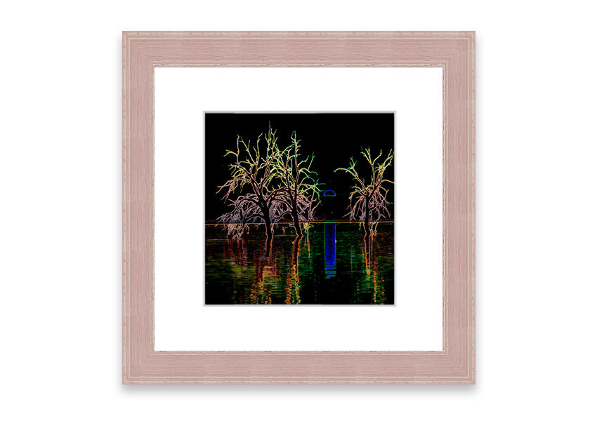 Framed print of Abstract Neon Landscape 15 featuring vibrant neon colors, ready to hang, handmade in the UK.