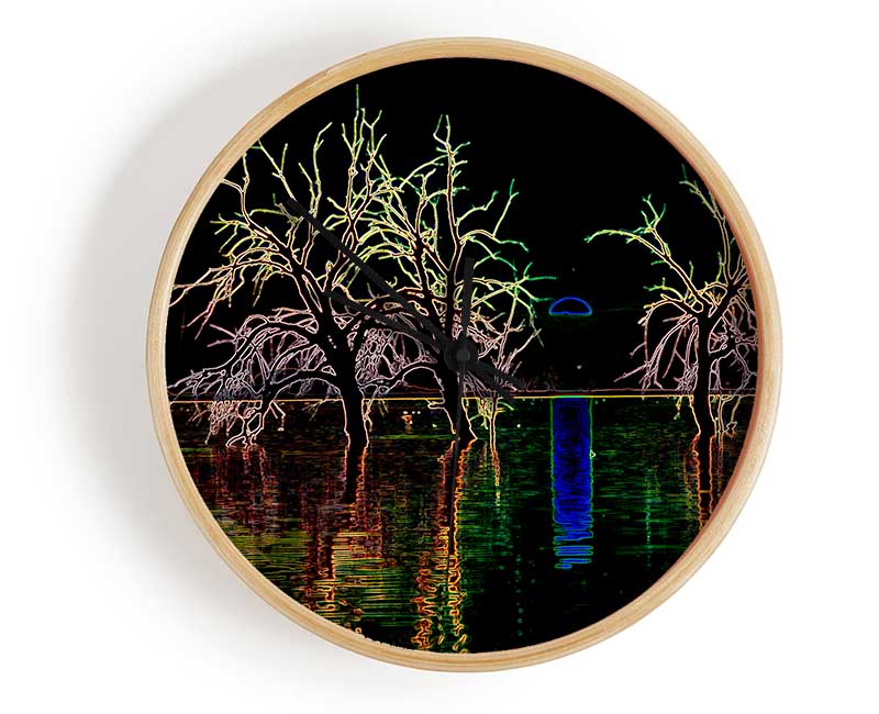 Abstract Neon Landscape 15 clock made from natural bamboo with vibrant colors and clear Plexiglas lens, showcasing a modern design.