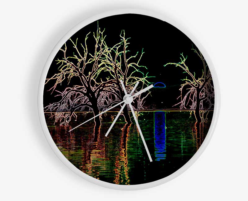 Abstract Neon Landscape 15 clock made from natural bamboo with vibrant colors and clear Plexiglas lens, showcasing a modern design.