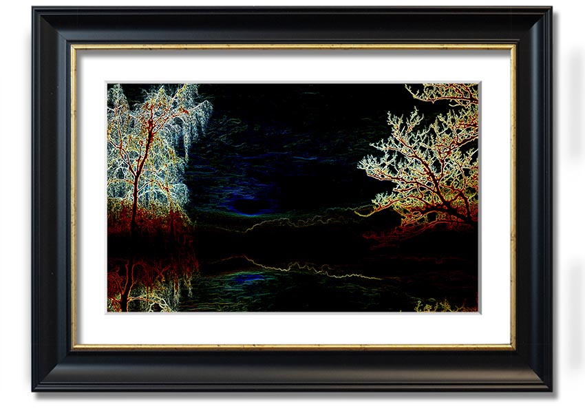 Abstract Neon Landscape 19 framed print featuring vibrant neon colors, available in multiple frame options, ready to hang.