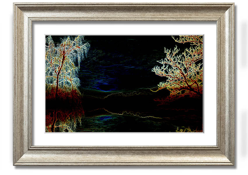 Abstract Neon Landscape 19 framed print featuring vibrant neon colors, available in multiple frame options, ready to hang.