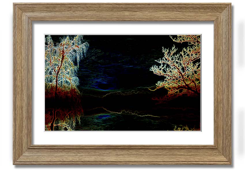 Abstract Neon Landscape 19 framed print featuring vibrant neon colors, available in multiple frame options, ready to hang.