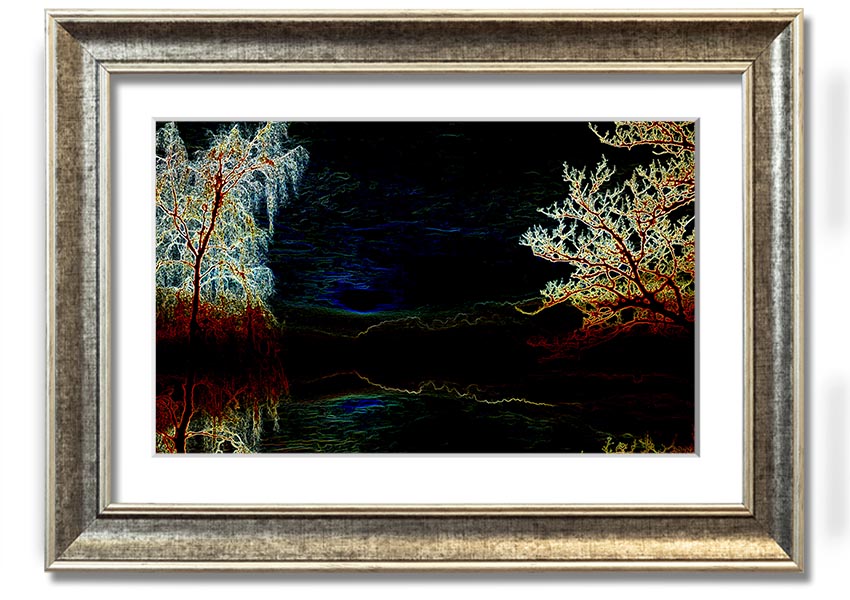 Abstract Neon Landscape 19 framed print featuring vibrant neon colors, available in multiple frame options, ready to hang.