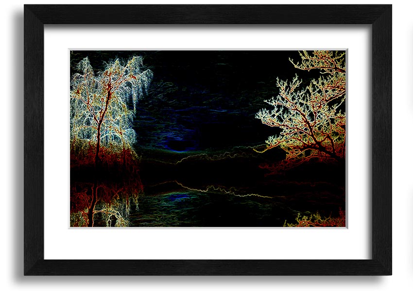 Abstract Neon Landscape 19 framed print featuring vibrant neon colors, available in multiple frame options, ready to hang.