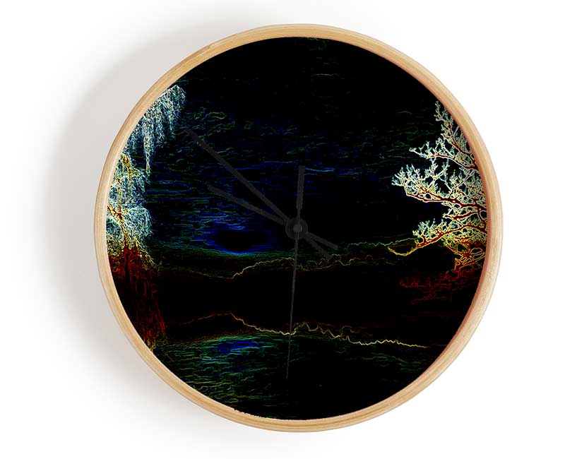 Abstract Neon Landscape 19 clock made from natural bamboo with vibrant colors and clear Plexiglas lens.